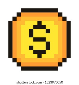 Golden dollar. Coin. Pixel art. Retro game style. Vector illustration.