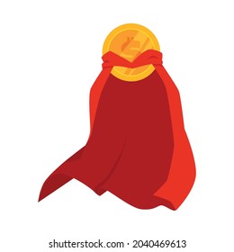 Golden dollar coin in super hero red silk cape. Superhero cloak for concept of currency and financial success. Flat cartoon vector illustration isolated on white.