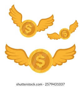 Golden Dollar Coin with Wings Flying – Vector Illustration Isolated on White Background. Ideal for Financial Icons, Logos, Symbols, Templates, Mockups, Banners, Posters, Signs, and Backgrounds.