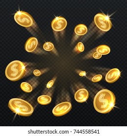 Golden Dollar Coins Explosion Isolated. Vector Illustration For Finance And Gambling Concept. Gold Coin Dollar And Finance Fortune