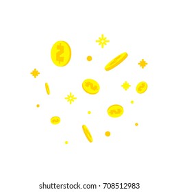 Golden dollar coins falling down on white background. Winning money, success business concept. Internet banking, mobile payments, deposit, investment, saving symbol. Vector illustration.