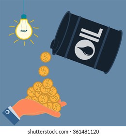 Golden dollar coins falling into the hand of barrels of oil. Profits from the sale of oil.
