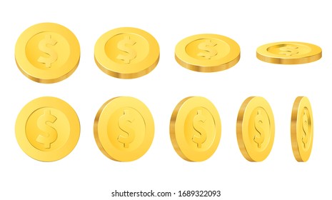 Golden dollar coins, isolated realistic gold money, currency or cash vector design. Treasure, wealth and casino jackpot, finance, business and economy concept with coins in different positions