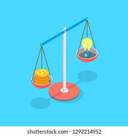 Golden dollar coins and lightbulb put on scales vector. Isolated icon of measurement of resources ideas of business project. Wealth and plans of company