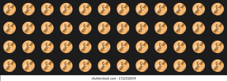 Golden dollar coins on dark background. Vector seamless pattern. 3D effect, metal gradient. Money, finance, wealth, profit, bank, currency exchange, cash treasure illustration. Casino, jackpot win.
