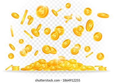 Golden dollar coins rain vector finance banner with levitating shining money on transparent background. Casino and lottery treasure or jackpot concept. Success or wealth illustration with golden coins