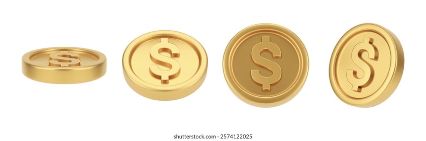 Golden dollar coins, realistic money in different sides view, top and front. Vector isolated set of precious metals, capital and banking. Capital or earning, wealth and investment interests