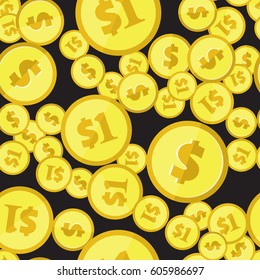 Golden dollar coins seamless pattern. Flat style top view background. Wrapping texture with repeating USA currency symbols. Money icons randomly placed on black. Vector eps8 illustration.