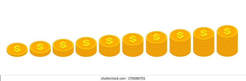 Monedas en dólares dorados apiladas de 1 a 10 en estilo isométrico plano