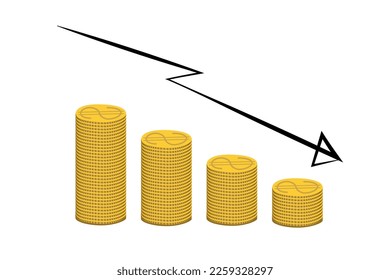 Monedas de oro en dólares apiladas con flecha hacia abajo. Dinero, economía, finanzas, símbolo de inversión. Concepto de diagrama de divisas.