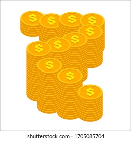 Golden dollar coins stack in flat isometric style