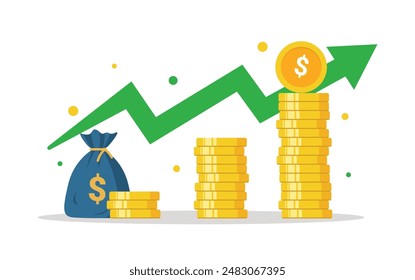 Golden dollar coins stack, money bag with arrow up. Finance performance of return on investment ROI concept with arrow. Vector illustration