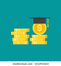 golden dollar coins stack and mortar board.  Education value, study expenses. Vector illustration on blue background. 