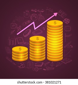 Las monedas de oro se apilan sobre elementos de infografía creativa decorados con fondo morado para el concepto de progreso del negocio.
