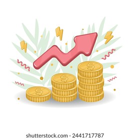 Golden dollar coins stack with red arrow up. 3D colorful lightning and spiral icons. Financial growth concept. Vector illustration. 