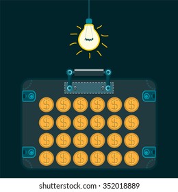 Golden dollar coins in a suitcase in a dark room under the electric light bulb. Illegal financing, money laundering. The storage of money, banking, investments.