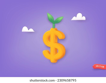 Golden Dollar Currency money 3D icon. Finance growth and money growth. 3D Web Vector Illustrations.