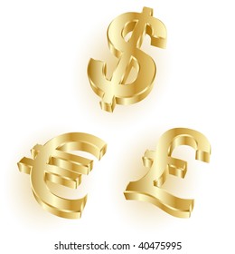 golden dollar, euro and pound symbols