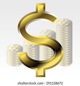 Golden Dollar Icon with Stack of Coins, Isolate, Vector