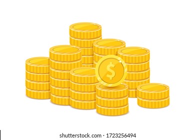 Golden dollar piles, metal coins realistic illustration