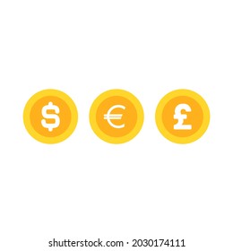 Golden dollar, pound and euro coins isolated on white background. Currency flat vector illustration. Economy, finance, money wallpaper. Income, business symbol