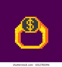 Golden dollar ring. Pixelart. Old school computer graphic style.