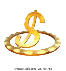 Golden dollar with ring. Trace raster illustration. Oil painted effect.