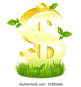 Golden Dollar Sign With Fresh Branches In Green Grass, Isolated On White