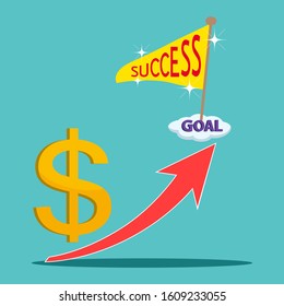 Golden Dollar Sign With Growing Up Red Arrow To Success, illustration vector cartoon