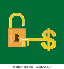 Golden dollar sign key unlocked padlock key open new opportunities. success, money. illustration vector cartoon EPS 10.