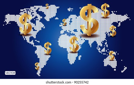 golden dollar sign on world business map