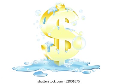 Golden Dollar Sign With Soap Bubbles In Water, Isolated On White