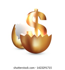 Golden dollar symbol inside a golden broken egg. Concept of financial business success or gaining wealth, profitable investments, venture investments. Vector illustration