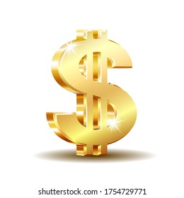 Golden dollar symbol with two vertical lines isolated on white background. Vector illustration.