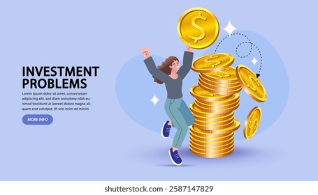 Golden dollar symbols and stacks of coins with small green sprout growing from them, symbolizing financial growth, investment, and business success. The concept represents wealth accumulation. Vector.