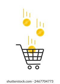 Dólares dorados que caen en la Ilustración vectorial plana del Carrito de compras aislada en el fondo blanco
