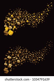 Golden dollars and gifts fly away on a black background. Vector illustration