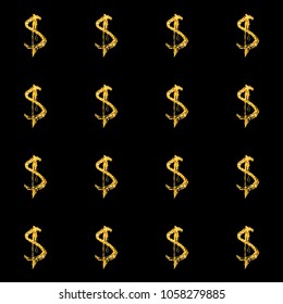 Golden dollars seamless pattern background. Template for a business card, banner, poster, notebook, invitation with modern hand drawn grunge calligraphy. Vector illustration for your design