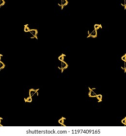 Golden dollars seamless pattern background. Template for a business card, banner, poster, notebook, invitation with modern hand drawn grunge calligraphy. Vector illustration for your design