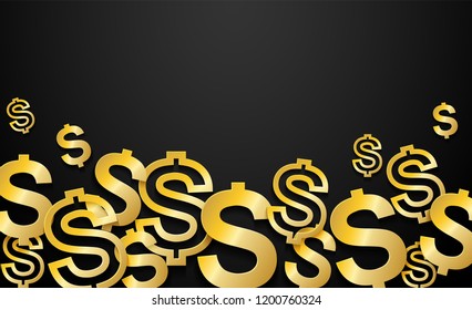 Golden Dollars sign on black background. light and shadow, copy space .Vector