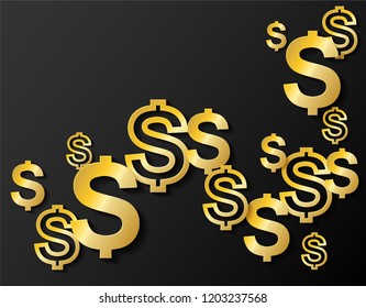 Golden Dollars sign on black background. light and shadow, copy space .Vector