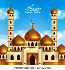Golden dome mosque building with blue sky background and calligraphy of ramadan kareem. Islamic event holy month event poster banner template (text translation = blessing ramadan)
