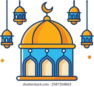 Golden dome mosque with crescent and lanterns symbolizing Ramadan spirituality.