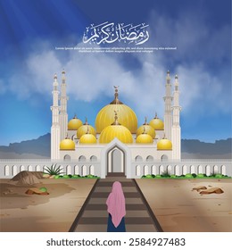 Golden Dome Mosque Ramadan Illustration. A grand mosque with  white minarets under a serene sky. A woman in a hijab walks towards it, symbolizing faith. The Arabic calligraphy reads "Ramadan Kareem".