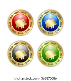 Golden donate piggy bank icons with coin isolated on white background