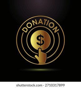 Botón de la donación de oro con el signo del dólar y el icono de la mano