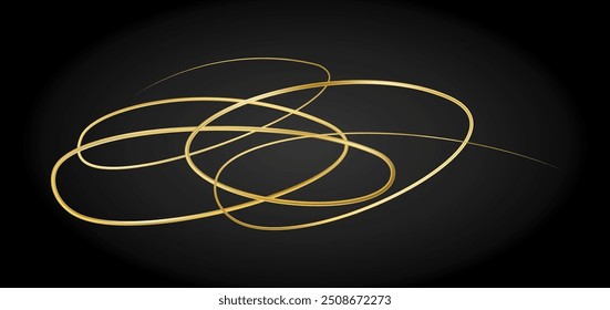 Golden doodle abstract line. Hand drawn curly swishes, swashes and swoops. 3D wave, gold swirl. Squiggly underline or upline. Vector eps10 illustration.