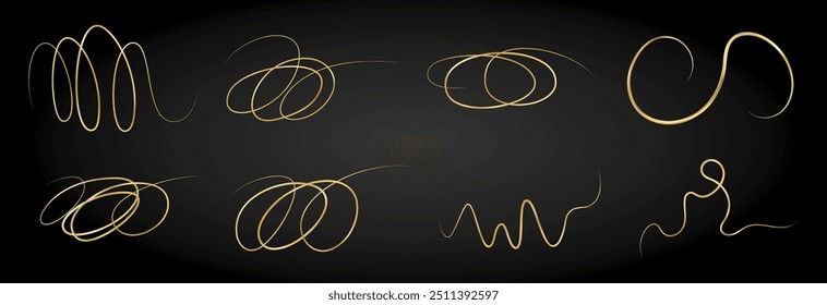 Golden doodle abstract line. Hand drawn curly swishes, swashes and swoops. 3D wave, gold swirl. Squiggly underline or upline. Vector eps10 illustration.