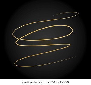 Golden doodle abstract line. Hand drawn curly swishes, swashes and swoops. 3D wave, gold swirl. Squiggly underline or upline. Vector eps10 illustration.