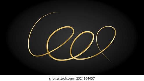 Golden doodle abstract line. Hand drawn curly swishes, swashes and swoops. 3D wave, gold swirl. Squiggly underline or upline. Vector eps10 illustration.